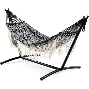 Double Hammock with Stand Included Heavy Duty Portable Outdoor Hammock 6 Adjustable Heights Boho Design 450 LBS Weight Capacity for Patio Backyard Garden Indoor Outdoor Use