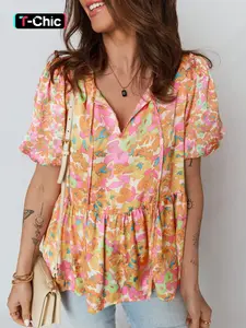 Hotapei Summer Fashion Floral Print Split V Neck Drawstring Short Sleeve Shirt Blouse, Stylish Casual Wear for Women