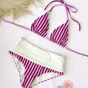 2026 new color-block striped triangle bag bikini set for women, fashionable sexy halter two-piece swimsuit set, casual vacation beach swimwear and hot spring wear