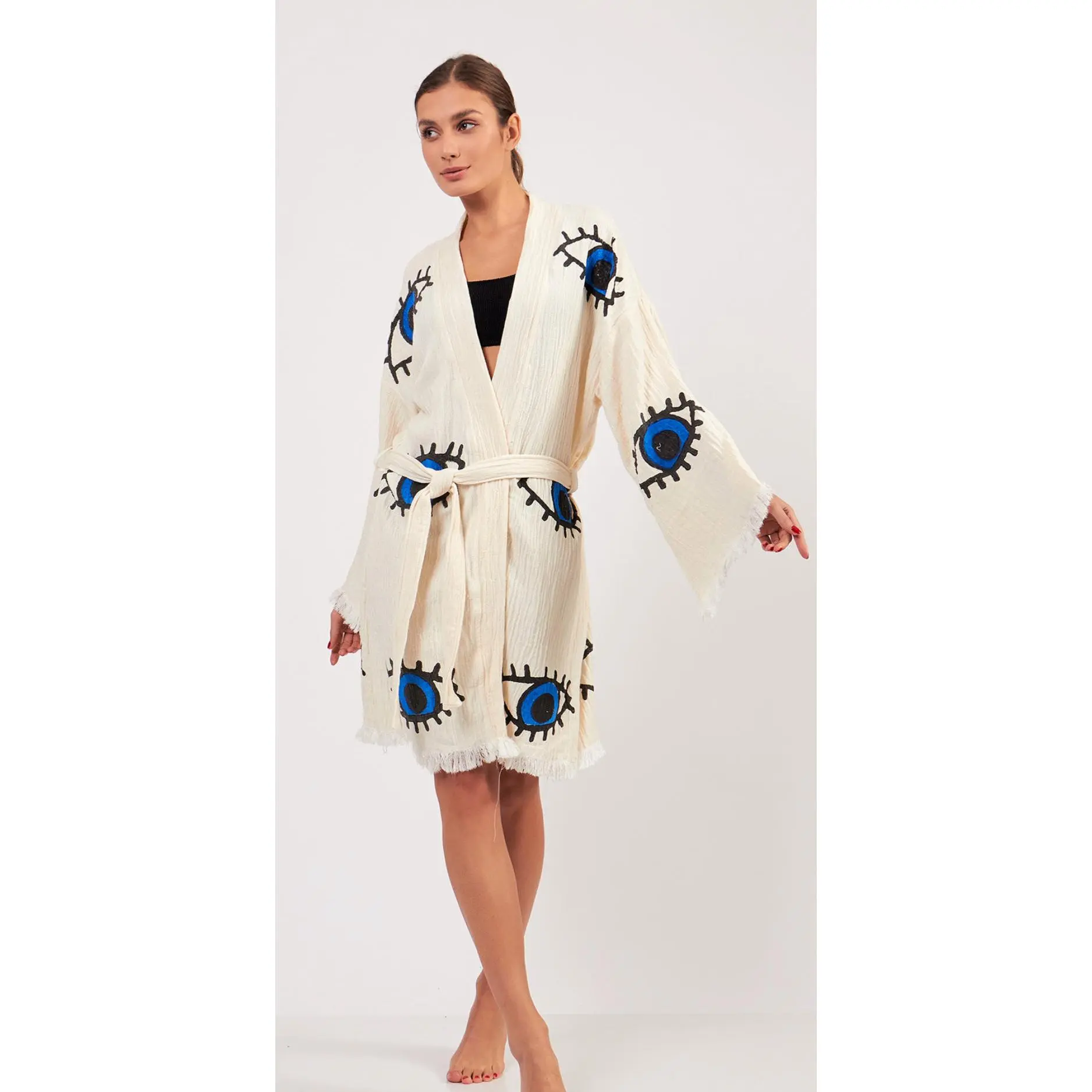 Evil Eye 100% organic cotton short Kimono robe