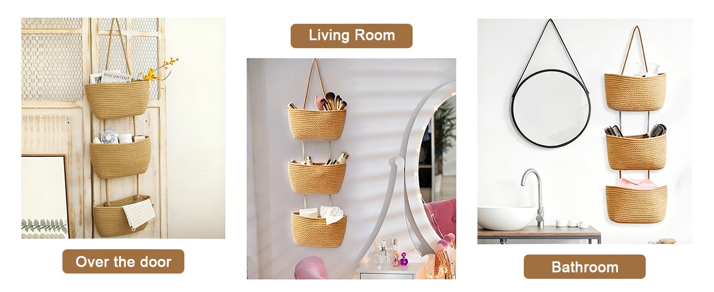 【Handmade】Woven cotton 3-Tier Over the Door Basket, Wall-Mounted Jute Storage Organizer–Decorative Nursery Baskets, Perfect for Busy Mom/Dad to Store Diapers & Toys small basket Gift Hook laundry basket house organizers decor storage basket giftsforfamily