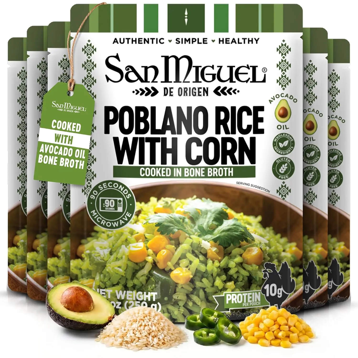 San Miguel Instant Poblano Flavor Mexican Rice with Corn - 10g Protein, Cooked in Bone Broth & Avocado Oil - 8.8oz Ambient Ready-to-Eat Gluten-Free Microwave Food Pouch (6-Pack)
