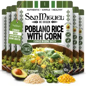 San Miguel de Origen 10g Protein Mexican Poblano Rice with Corn, Cooked in Bone Broth & Avocado Oil - Ready to Eat Microwave Rice Pouch - Gluten Free Mexican Rice Pouch - Easy Meal - (6-Pack) 8.8oz