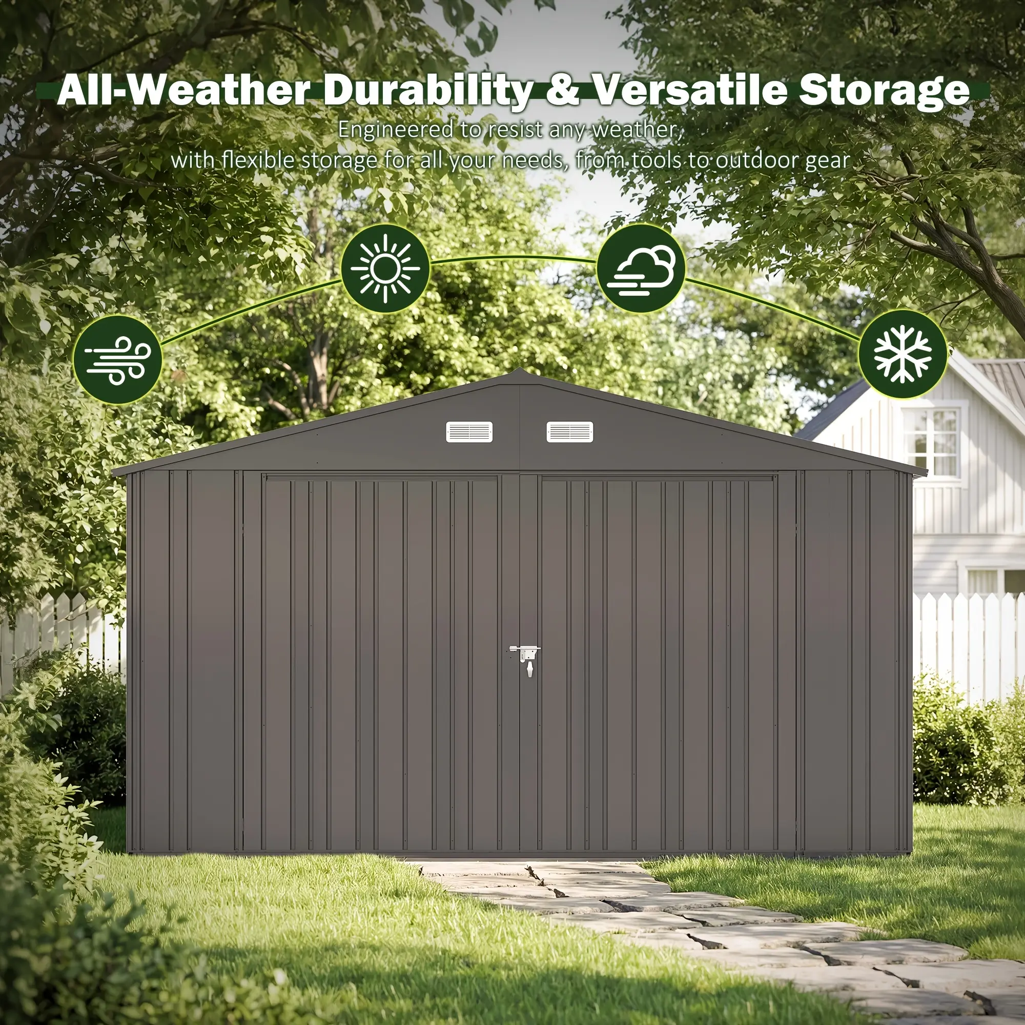 PAPAJET 12.7x20.1ft Outdoor Iron Garage Shed Large Storage Shelter Double Door with Windows Vent Design for Car Truck Bike Backyard Storage