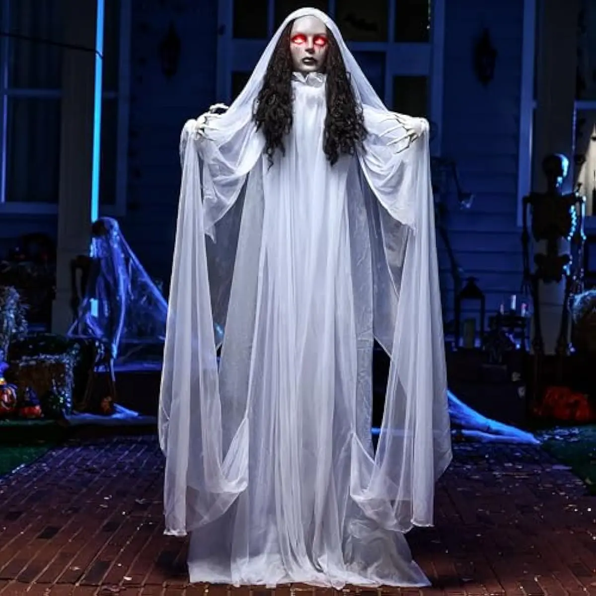 67" Halloween Decorations Outdoor Life Size Bride Decor, White Ghost Haunted House Props with Creepy Sound for Garden Yard Lawn