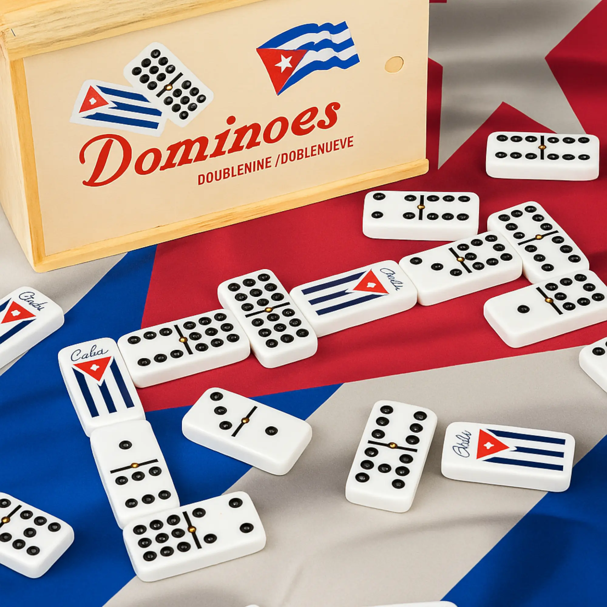 Domino Cubano Set Double Nueve de Madera con Bandera de Cuba - 55 Piezas, Caja de Madera Hecha a Mano, Regalo Tradicional Caribeno