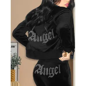 Women's "Angel" Rhinestone Decor Hooded Top & Pants Set, Casual Rhinestone Embellishment Zip Up Hoodie & Elastic Waist Pants Two-piece Set, Fall Clothes, 2 Counts Fall Outfits, Downtown Girl Clothes