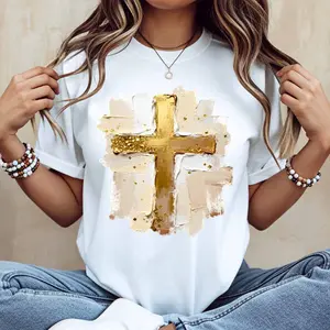 Golden Cross Art Print T Shirt White Casual Short Sleeve Top