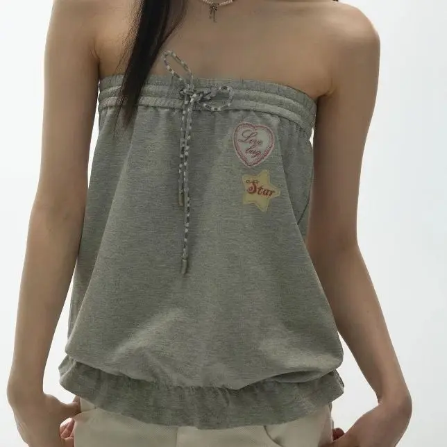 Y2K Patch‑Applique Tube Top, Drawstring Elastic Strapless Off‑Shoulder Cropped Top