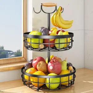 2-Tier Fruit Basket Bowl Vegetable Storage with 2 Banana Tree Hanger and Wood Lift Handle, Kitchen Countertop Metal Wire Basket for Bread Onions Potatoes (Black, 2 Tier)