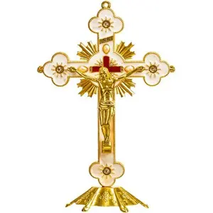 Ornate Metal Standing Crucifix Pearl Motif White 8"