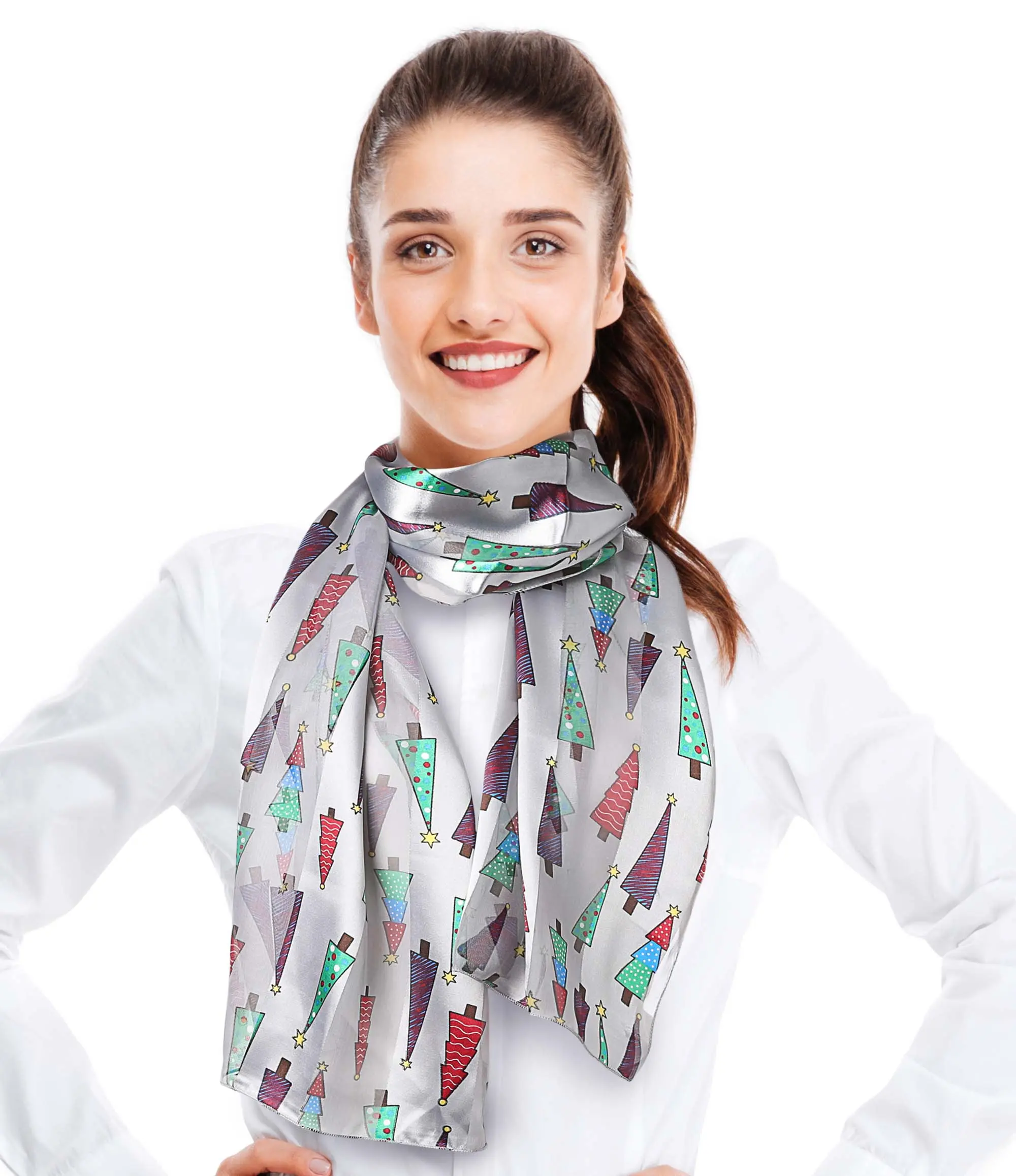 CBC Crown Women's Vibrant Christmas Tree Print Scarf - Soft Silk-Feel Polyester, Lightweight Basic Style Festive Neckwear for Holiday Parties, Hand Washable Fashion Accessory, Female