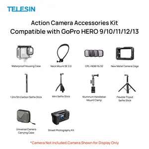 TELESIN Accessories Kit for GoPro 9-13 including Metal Camera Cage, Street Photography Kit, Flexible Tripod Selfie Stick, Aluminum Handlebar Mount, Waterproof Housing, Protective & Carrying Case – Compatible with HERO 9 10 11 12 13 (Camera Not Included)