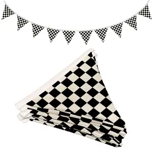Boys Room Checkered Flag Banner 5.5Ft, Cars Room Decor for Toddler Nursery Playroom, Black and White Checkered Garland Triangle Banners for Baby Shower Birthday Party