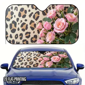 1pc Leopard Print & Rose Design Car Sunshade, Car Window Shades, Windshield Sun Shade - Fit Foldable Fabric Sunshade Keeps Car Cool, Stylish Auto Accessory for Most Vehicles, Gift for Dad and Mom, Vehicle Sun Protection, Easy Installation, Vehicle Owners