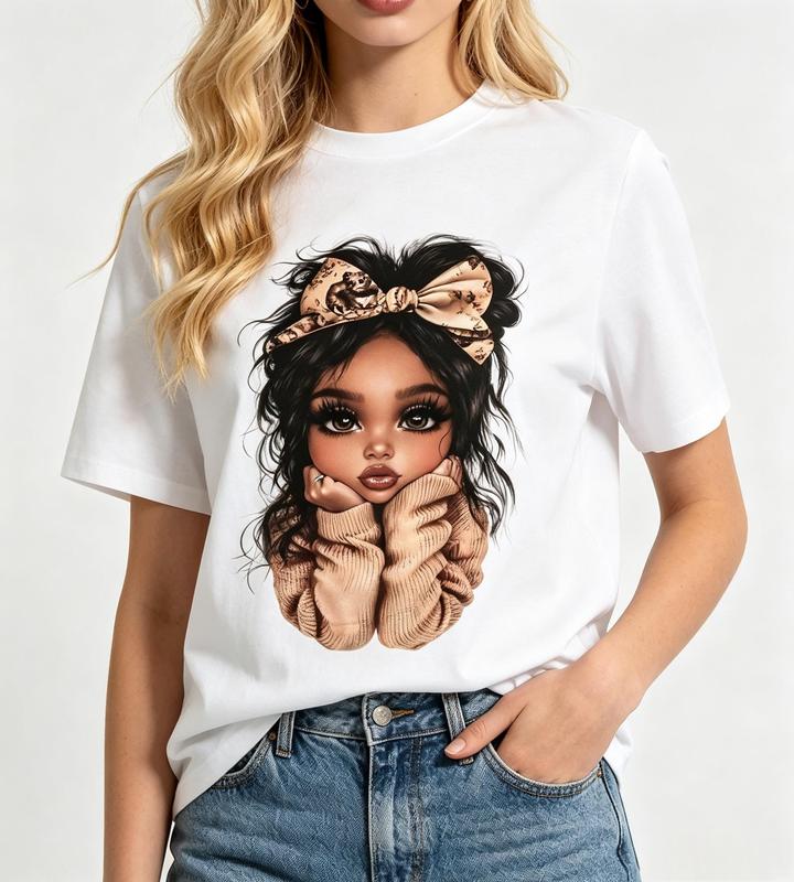 White Cute Leopard Bow Messy Bun Black Girl Cartoon Graphic Women Casual Crew Neck Tee