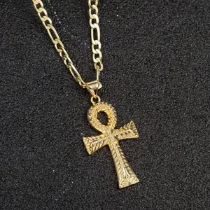 14K Gold Plated Ankh Cross Pendant Necklace for Women Men 3mm Flat Figaro Chain Egyptian Cross Necklace 18/22 inches