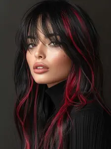 Fashionable New Long Wavy Black Wigs with Bangs and Red Highlights, Synthetic Women's Wigs for Daily Use, Parties or Halloween Cosplay Taking Photos, Synthetic Hair Wig
