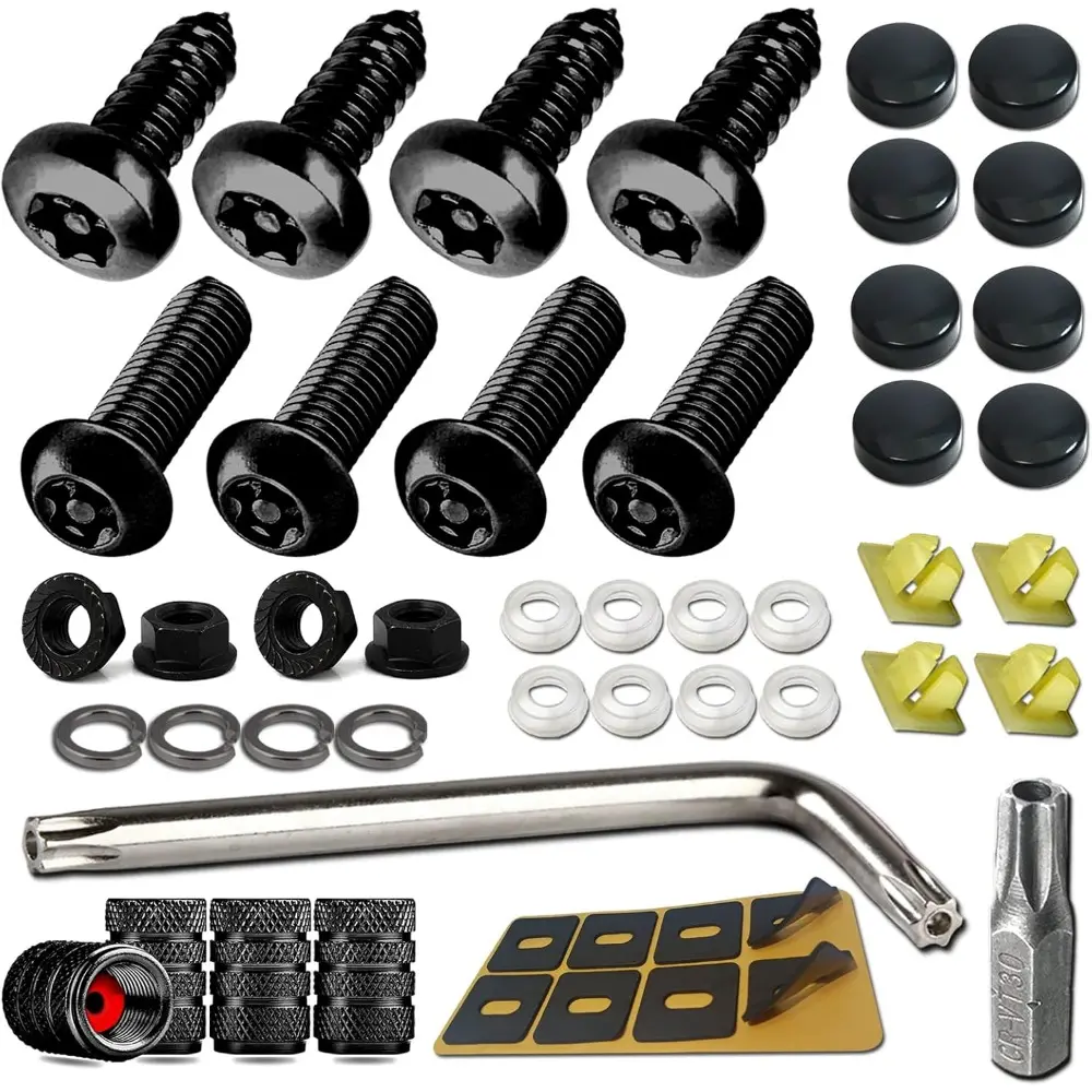 Black Anti Theft License Plate Screws-Stainless Steel Rustproof Security Bolts Fasteners For Front And Rear Car Tag Mount - M6 (1/4") Locking Hardware, With Matte Caps Inserts Nuts, Rattle Proof Pad