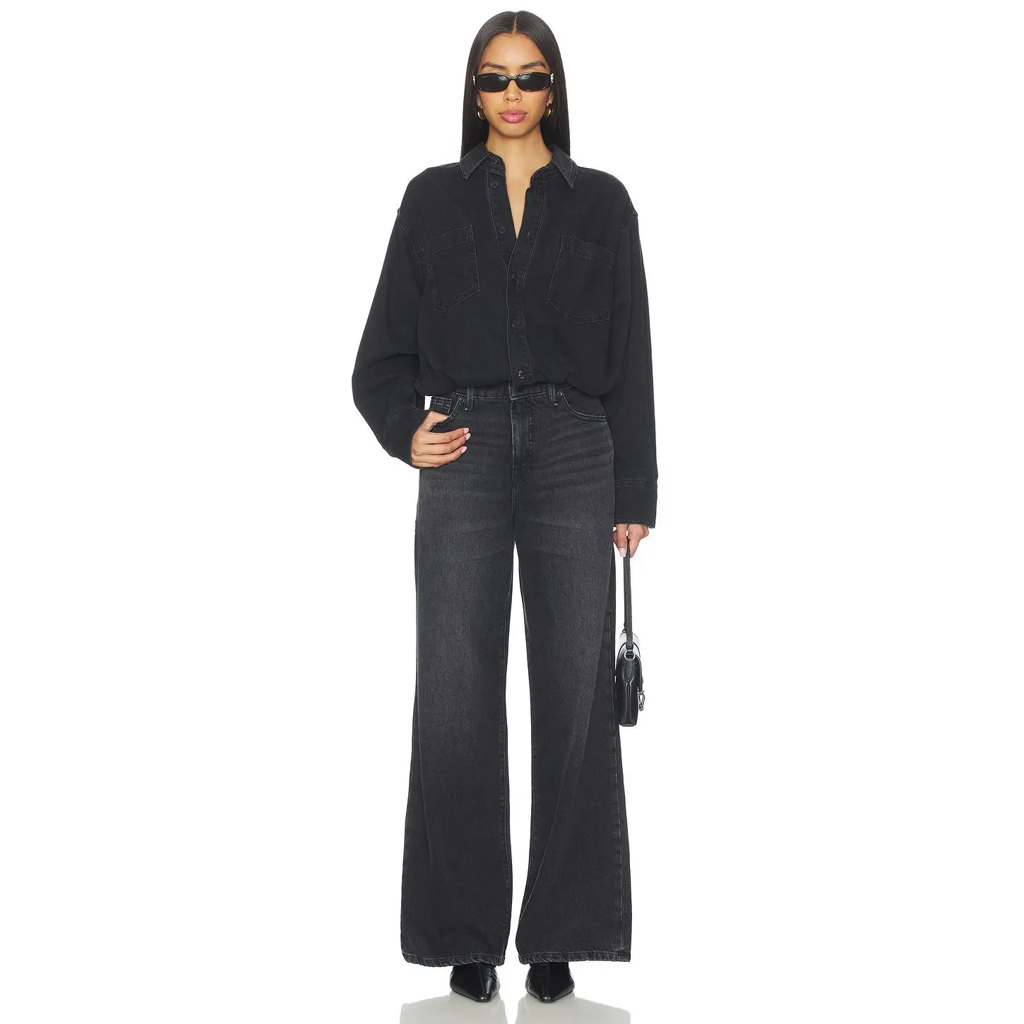 Good American Denim Shirt Jumpsuit in Black389