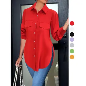 Women's Plain Button Front Split Hem Shirt Blouse, Casual Long Sleeve Collared Top for Spring & Fall, Summer Outfits 2024, Women's Clothing for Daily Wear