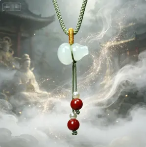 Natural White Jade Gourd Pendant Necklace, Taoist Feng Shui Charm for Prosperity & Protection