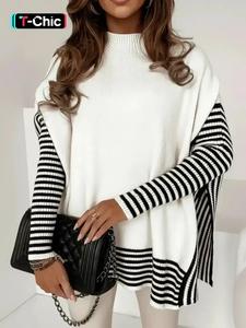 women's striped patchwork print batwing sleeve split hem sweater, casual long sleeve mock neck jumper for fall & winter, fashion ladies' knitwear for daily wear