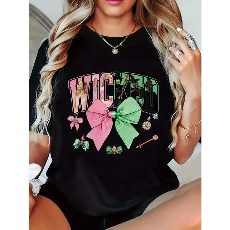 Women's 'Wicked Witch' Graphic T-Shirt, Casual Loose Fit Short Sleeve Top in 100% Cotton, Lightweight Holiday Streetwear, Shortsleeve, Tshirt, Fabric, Piece, Ribbed, Soft, Street Casual