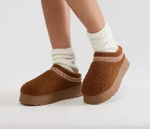 Brown Fall Sherpa Faux Fur Lined Platform Slip On Clogs for Cozy Comfort and Style