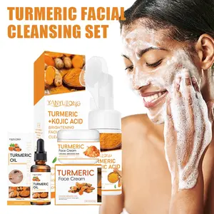 Turmeric skin clean and care Cleanser 3 piece set, clean, moisturize and moisturize skin, contain turmeric and kojic acid, even skin tone, suitable for all skin types, men and women, including clean mousse, essential oil, face cream, Facial Cleanser Set