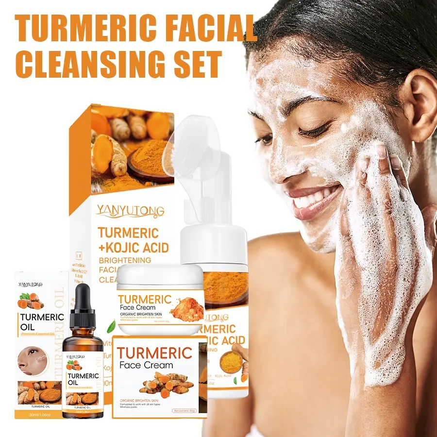 Turmeric skin clean and care Cleanser 3 piece set, clean, moisturize and moisturize skin, contain turmeric and kojic acid, even skin tone, suitable for all skin types, men and women, including clean mousse, essential oil, face cream, Facial Cleanser Set