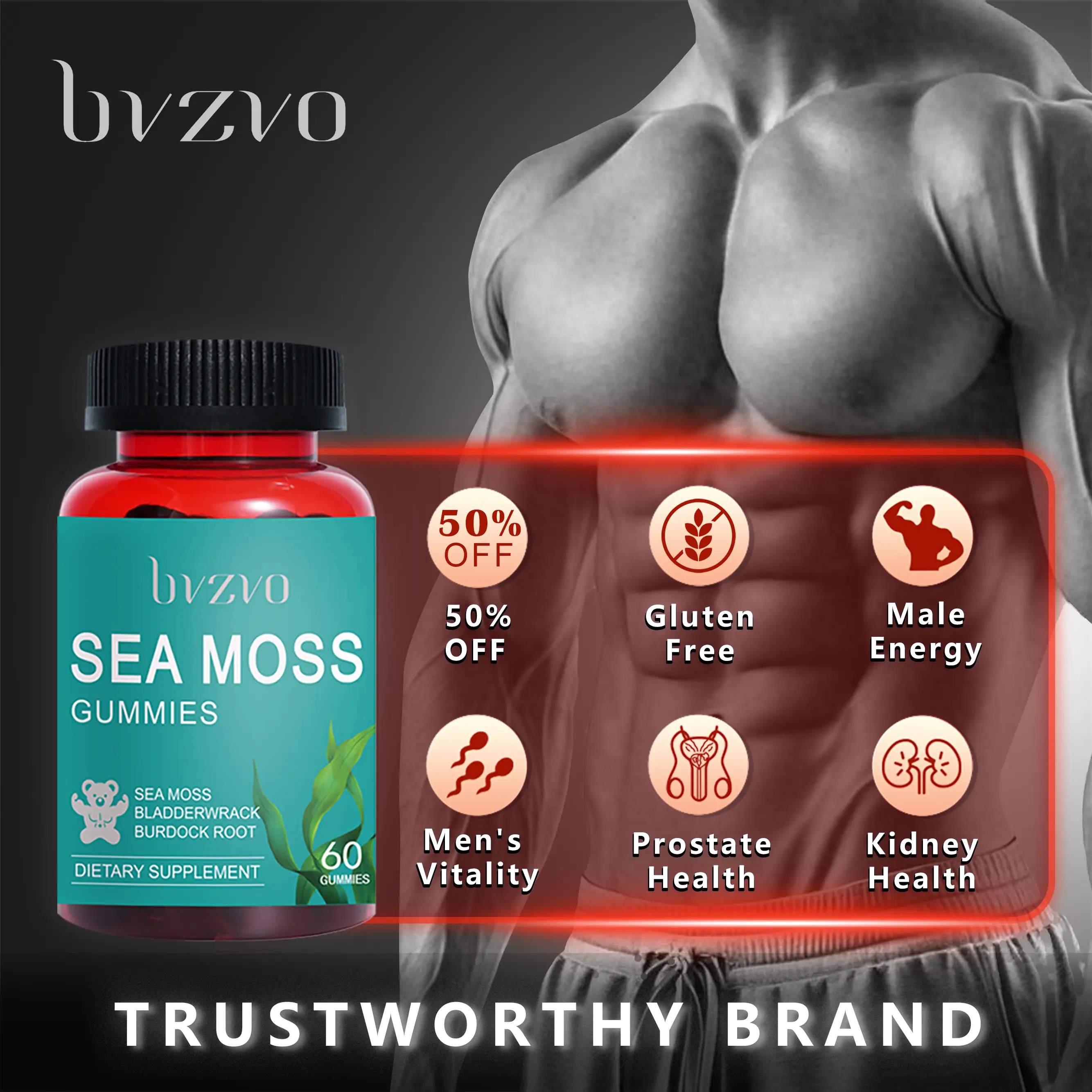 Bvzvo Sea Moss Gummies - 60 Edible Gummies for Men's Vitality Prostate Health & Kidney Health Gluten Free Natural Supplement - Seamossgummies