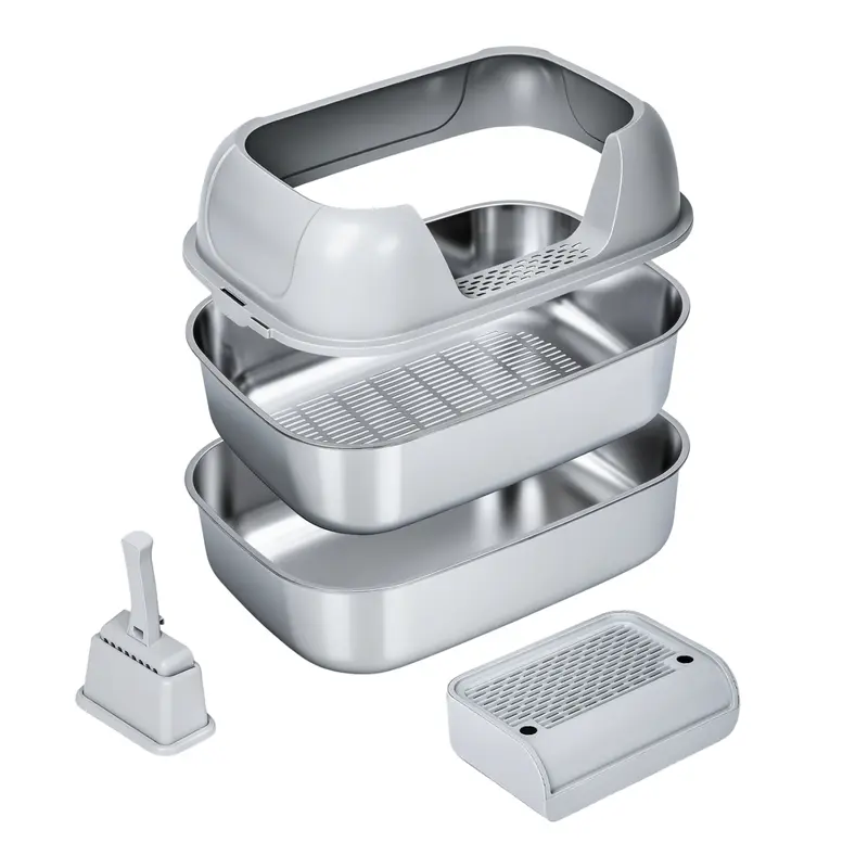 XL Stainless Steel Litter Box Enclosure - 3-sec Sifting, 6.3in Litter Guard, High Sides, Non-Stick Easy-Clean System, Durable Odor Control, Scoop-Free Metal Tray Alternative, Choose Open/Front/Top Entry for Multi-Cat Use
