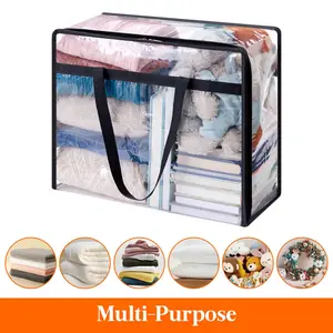 Set of 4 thickened storage bags with black zipper closure, large capacity, foldable moving and storage bags, suitable for clothing, bedding, blankets, duvets, etc., ideal for under-bed storage.