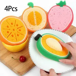 4Pcs fruit thickened sponge wipe multi-functional powerful stain removal and cleaning dishwashing sponge wipe