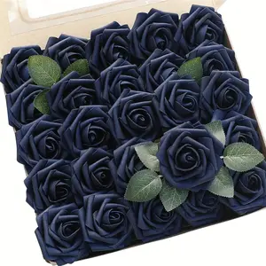 25pcs Realistic Navy Blue Foam Artificial Roses with Stems - High-Quality Pet Material for DIY Wedding Bouquets, Bridal Shower Centerpieces, Party Table Decor, Home & Garden Decor, Bouquet Accessories, Classic Floral Design, Natural Look Fo