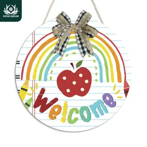 Wooden Round Hanging Sign Decor with Bow Tie, Welcome Letter & School Themed Wall Art Decoration for Home School Classroom Farmhouse