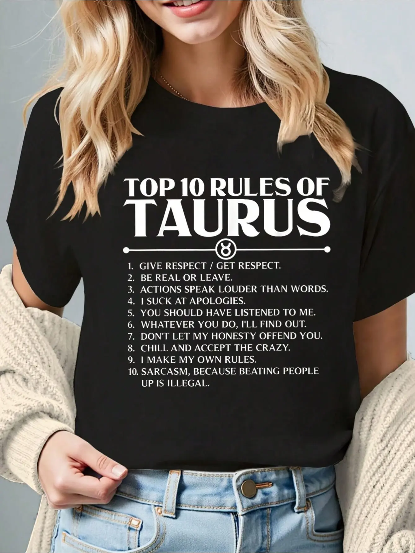 Women's Casual T-Shirt with Taurus Horoscope Graphic, Comfortable Loose Fit Short Sleeve Style in 100% Cotton, Round Neck, Lady, Jackets, Shortsleeve, Tops