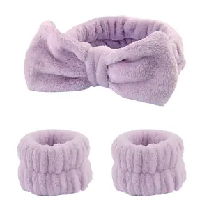 3 Pcs Spa Wristband & Headband, Fluffy Adorable Bow Tie, 1 Pcs Face Headband and 2 Pcs Wristband, for Washing Face Skin Care, Christmas Gift, Women and Girls