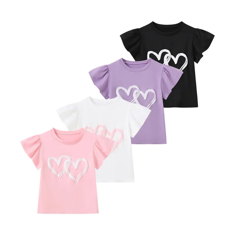 4-Pack Girls' Summer Ruffled Short-Sleeve T-Shirts: Cute Heart-Print Tops for Casual, Everyday Wear Crew Neck Tshirt Graphic Printed Tees