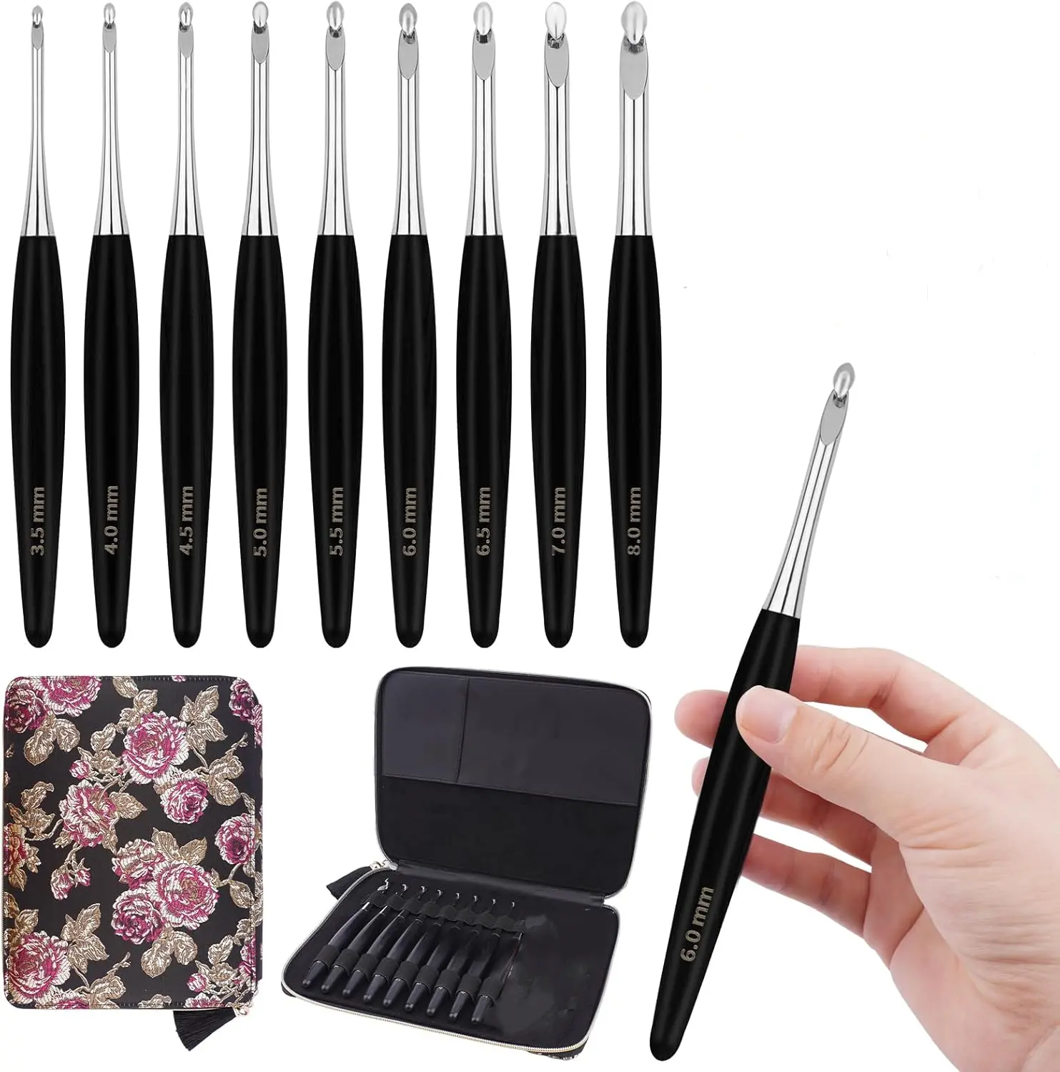 Wooden Handle Inline Ergonomic Crochet Hooks Set, 9 Sizes 3.5mm-8mm, Black Crochet Hooks for Arthritic Hands