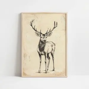 Vintage Rustic Deer Sketch Wall art, Neutral Nursery Wall Art, Woodland Drawing, Minimalist Deer Antlers Wall Decor, Unframed