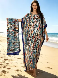 1 Dress+1 Scarf 2026 New Chic Elegant Women's 2 Piece Abstract Feather Print Kaftan Maxi Dress with Matching Scarf, Silky Loose Pleated Robe, Plus Size Friendly, Beach Cover Up, Vacation Resort, Casual Wear & Evening Party Wear, Summer