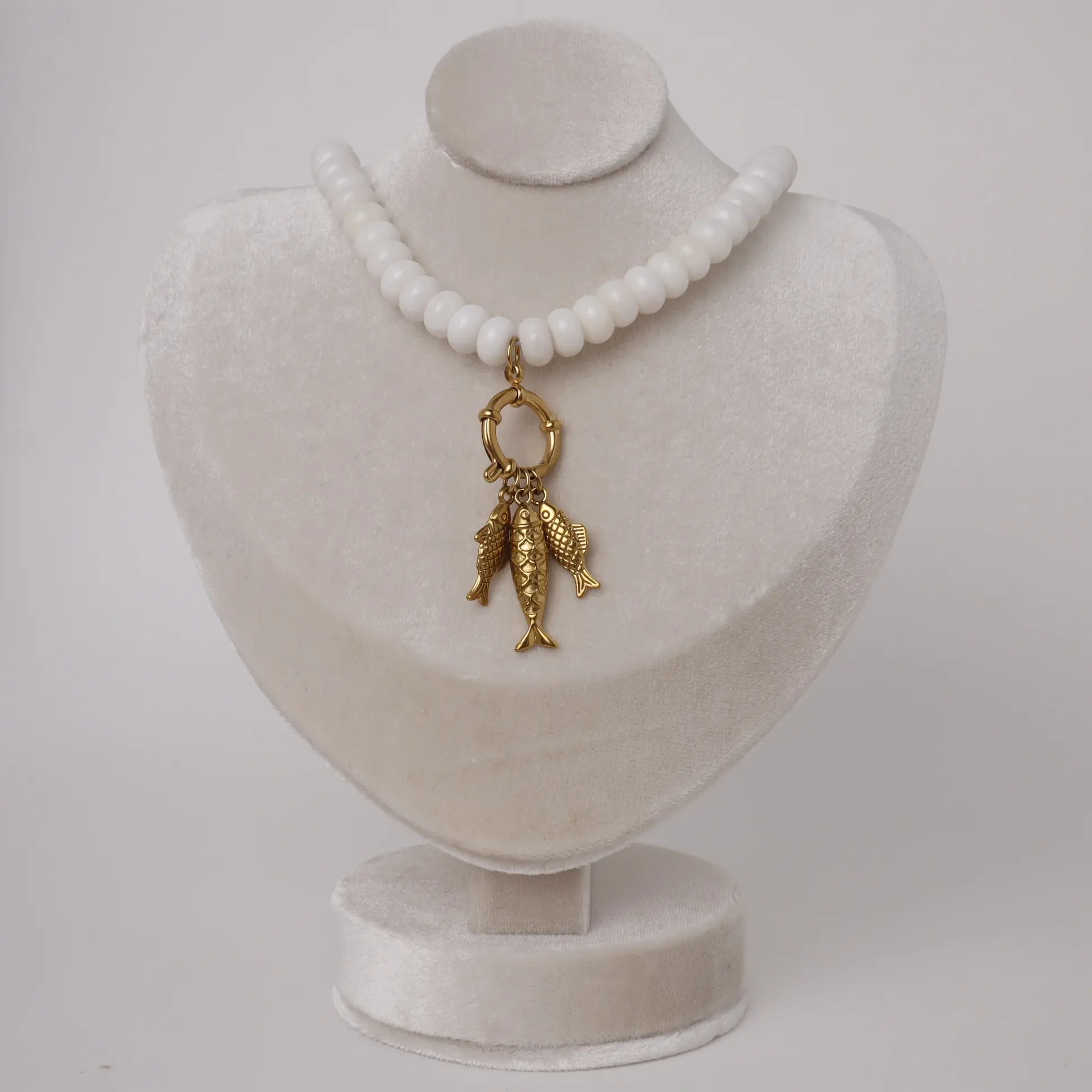 Natural Stone Beaded Necklace with Fish Charm | 18" | 2 Colors  Available