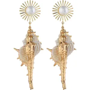 Bohemian Seashell Conch Earrings - Beach Shell Long Dangle for Women - Baroque  Summer Boho  for Ladies -  Sea  Earrings