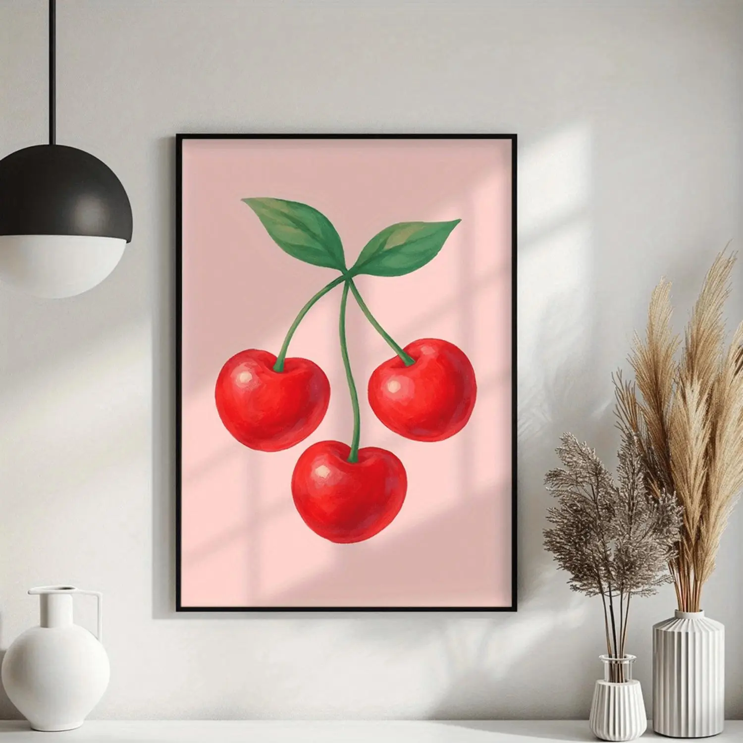 Single Unframed 2D Flat Red Cherries Canvas Wall Art - Artistic, Quality Ink Print, Fade Resistant, Bohemian Retro Decorative Decoration for Kitchen, Living Room, Bedroom