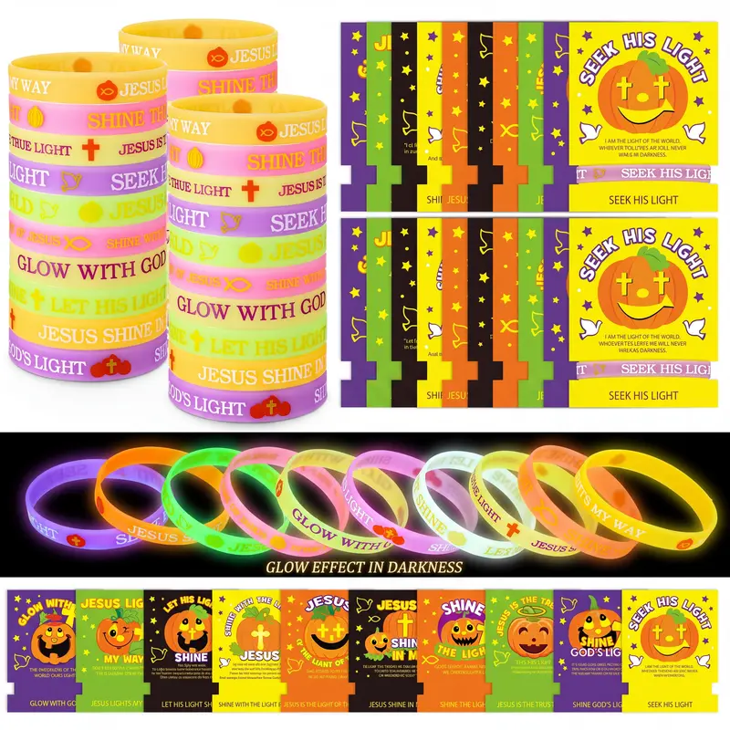 60 Sets Halloween Luminous Bible Verse Silicone Bracelets with Cards Fall Festival Favors for Church Teens Adults VBS Sunday School Trunk or Treat Non candy Goodie Bag Stuffers  Jesus Loves You Bracelets Christian Holiday Gift