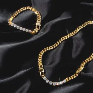 Aprilery X Theanitamiron Gold Cuban Link 2-Piece Jewelry Set, Unisex Zirconia and Moissanite-Embellished Dazzling Necklace and Bracelet, Two-Pieces,summervibes