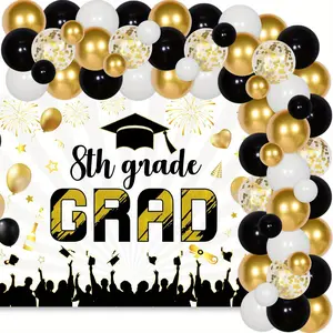 1Set 8th Grade Graduation Decorations Black Gold 8th Grade Grad Backdrop Black Gold Balloon Garland Arch Kit for Class of Eighth Grade Graduation Party Supplies