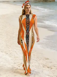1dress+1headscarf Elegant Sleeveless Pleated Maxi Dress – Orange & Beige Geometric Ethnic Print Bodycon Gown for Beach, Party & Evening Events | FREE Matching Headscarf Included